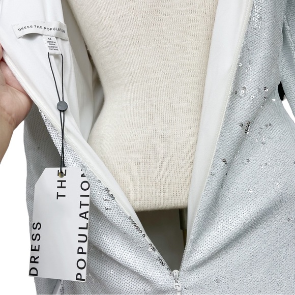 Dress The Population NWT Emilia Long Sleeve Ruched Dress in White Sequins Size M - Picture 11 of 17